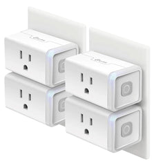 Kasa Smart HS103P4 front view showing four white smart plugs and compact design for space saving