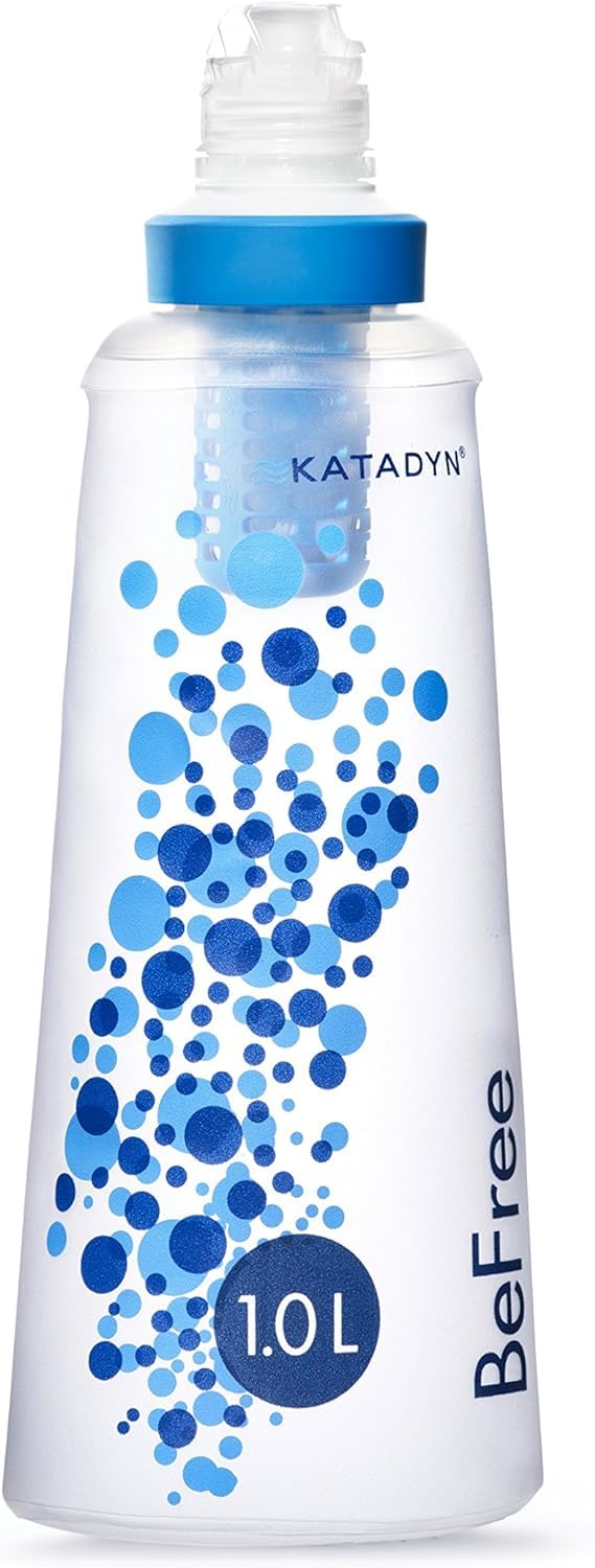 Katadyn BeFree front view showing clear bottle and filter, easy hydration on trail