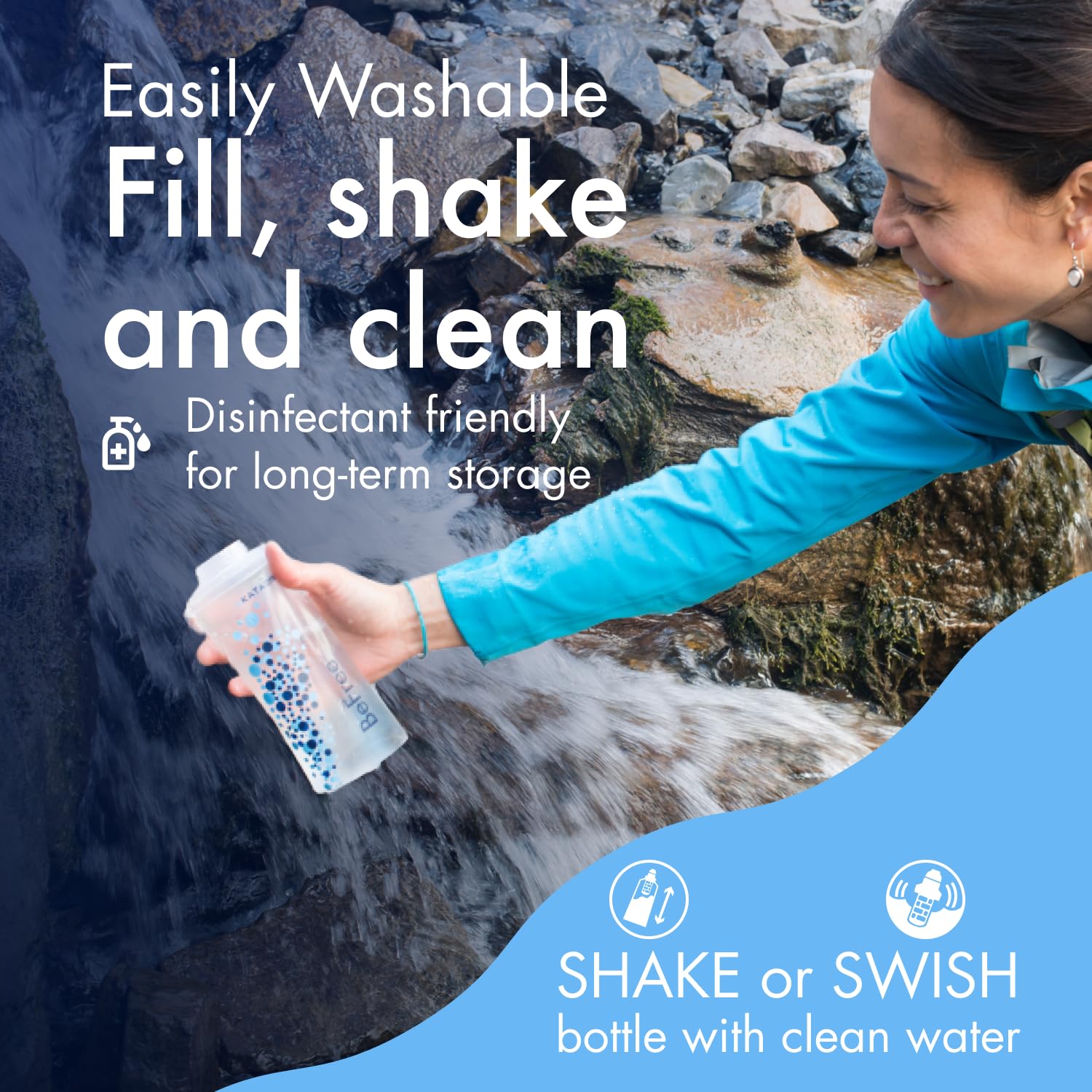 Katadyn BeFree being filled from a stream, fast on-demand filtered water