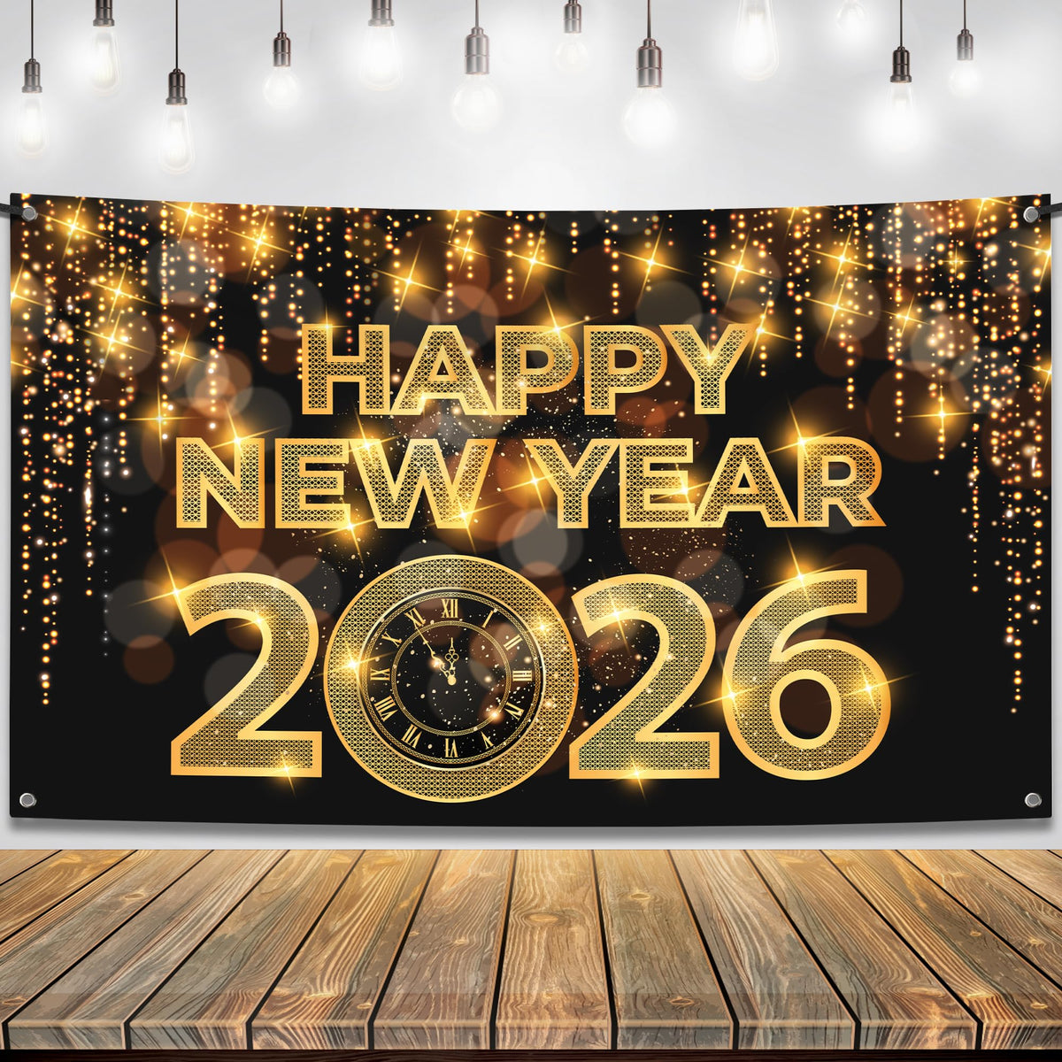 KatchOn front view of black and gold New Year banner showing bold 2026 text and visual impact