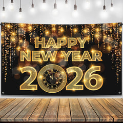 KatchOn front view of black and gold New Year banner showing bold 2026 text and visual impact