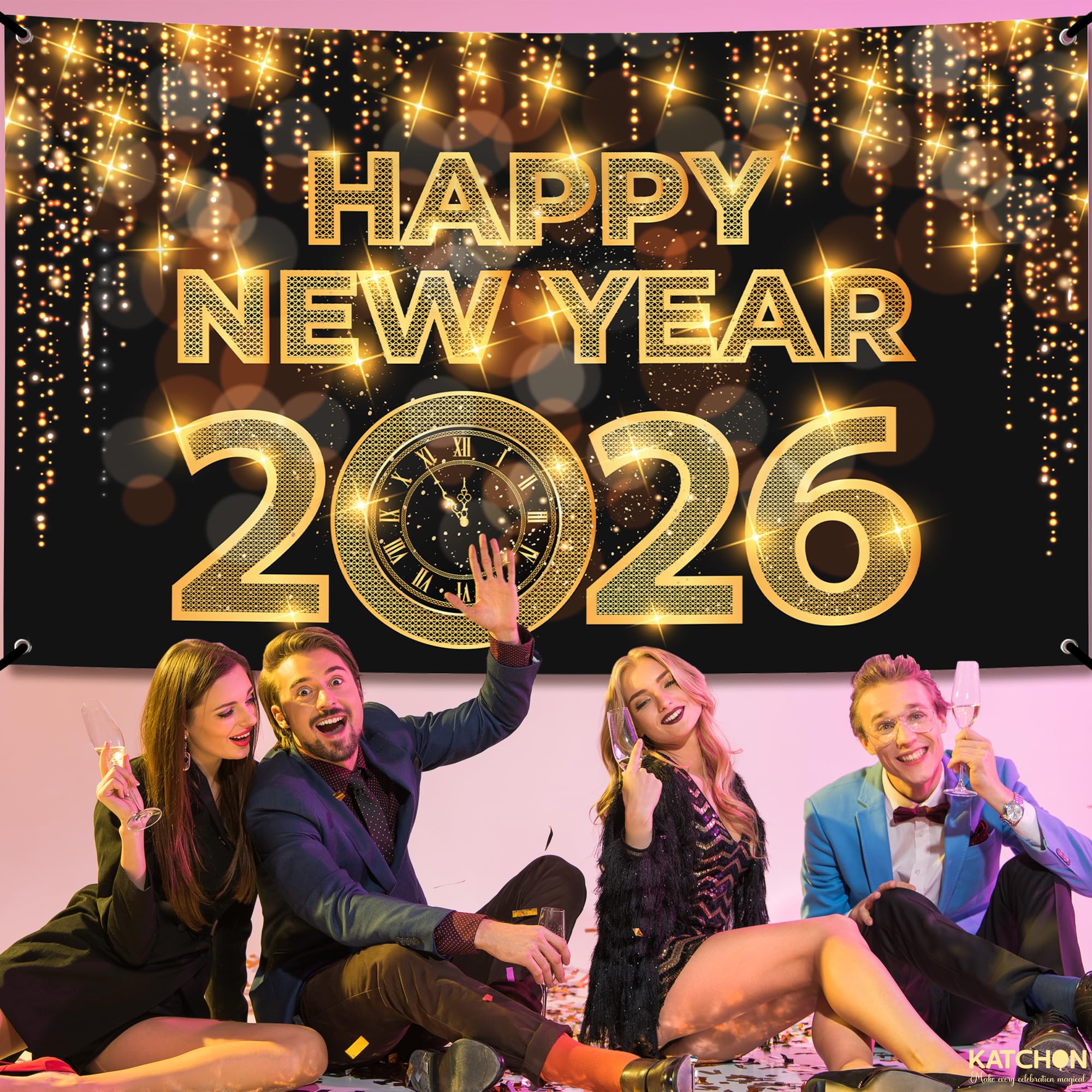 KatchOn banner used as a photo booth backdrop with guests capturing celebratory pictures