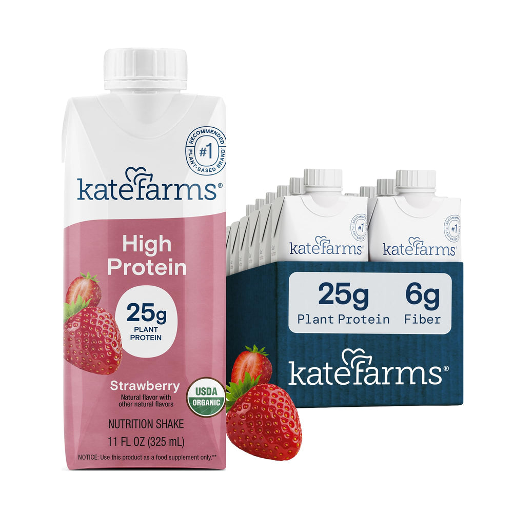 Kate Farms front packaging showing label and strawberry flavor benefit convenience