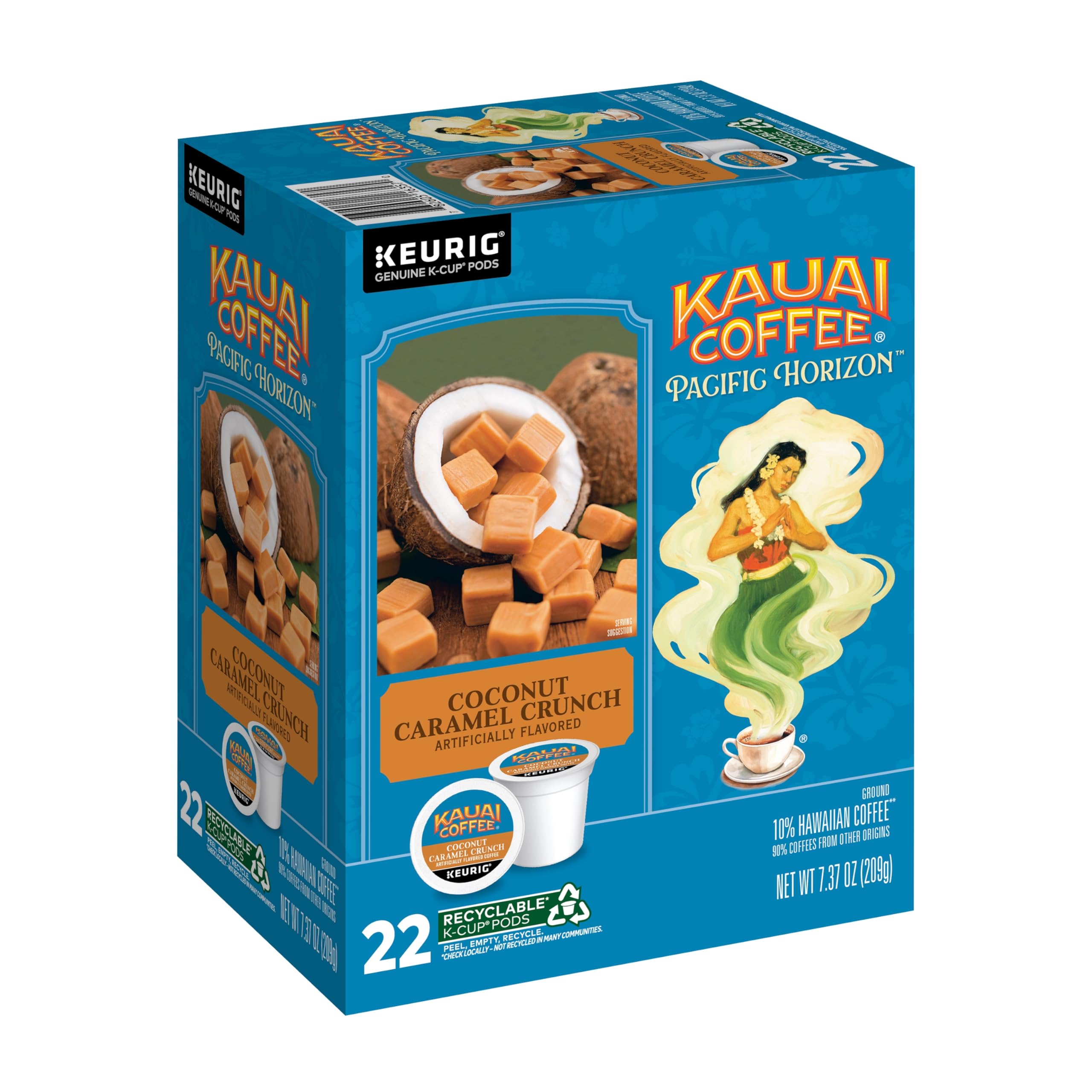Kauai Coffee front pack showing coconut caramel flavor and benefit of island-inspired taste