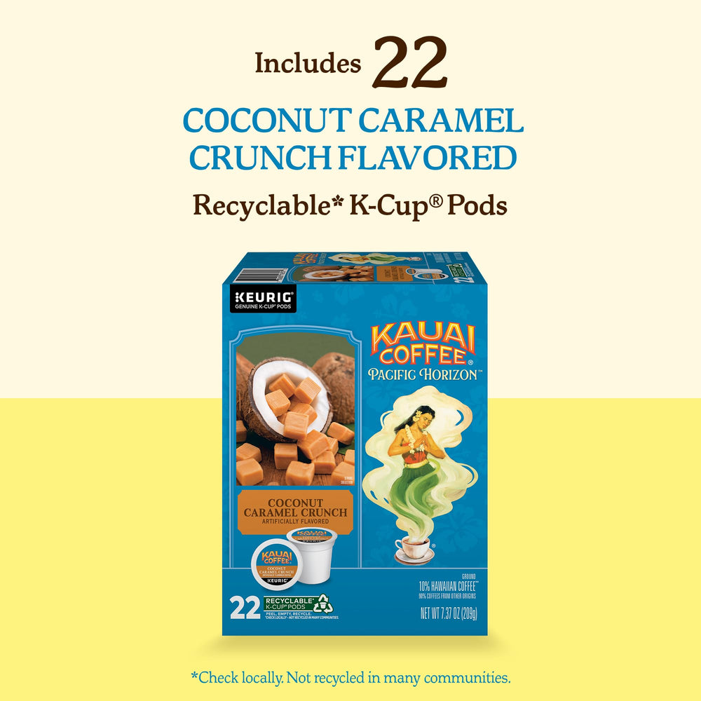 Kauai Coffee label with 10% Hawaiian beans callout emphasizing estate quality