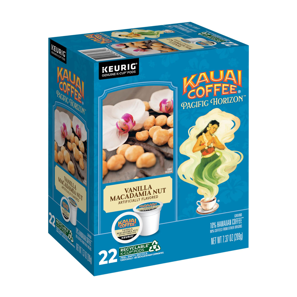 Kauai Coffee front packaging showing vanilla macadamia flavor and island origin benefit