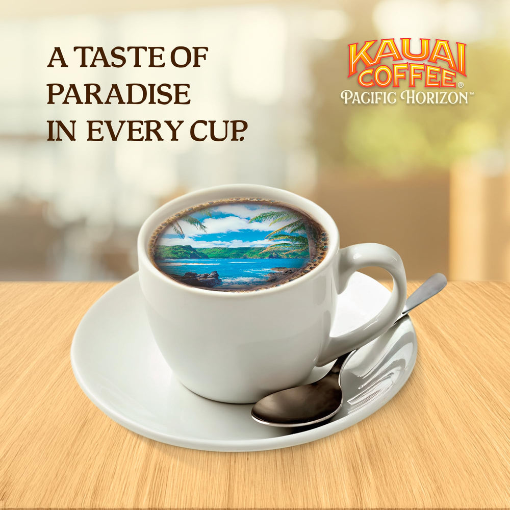 Kauai Coffee 22-count pack beside a hand for size and portion convenience