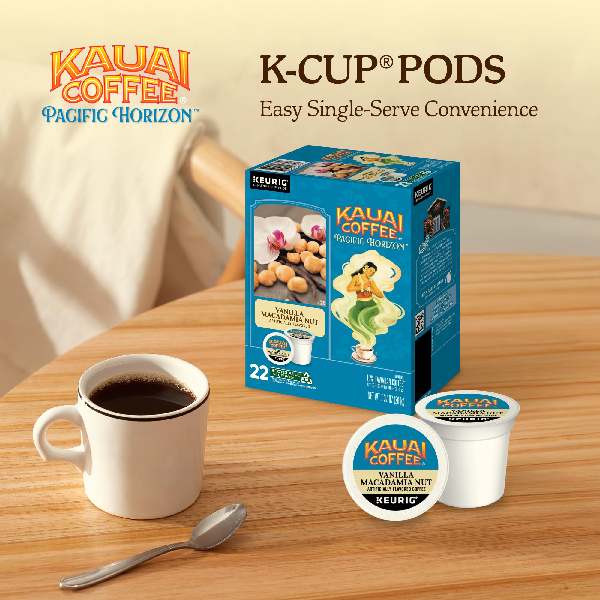 Kauai Coffee pod inside brewer illustrating simple Keurig-compatible brewing benefit