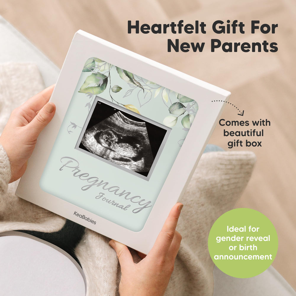 KeaBabies journal styled as a baby shower gift highlighting its presentable packaging