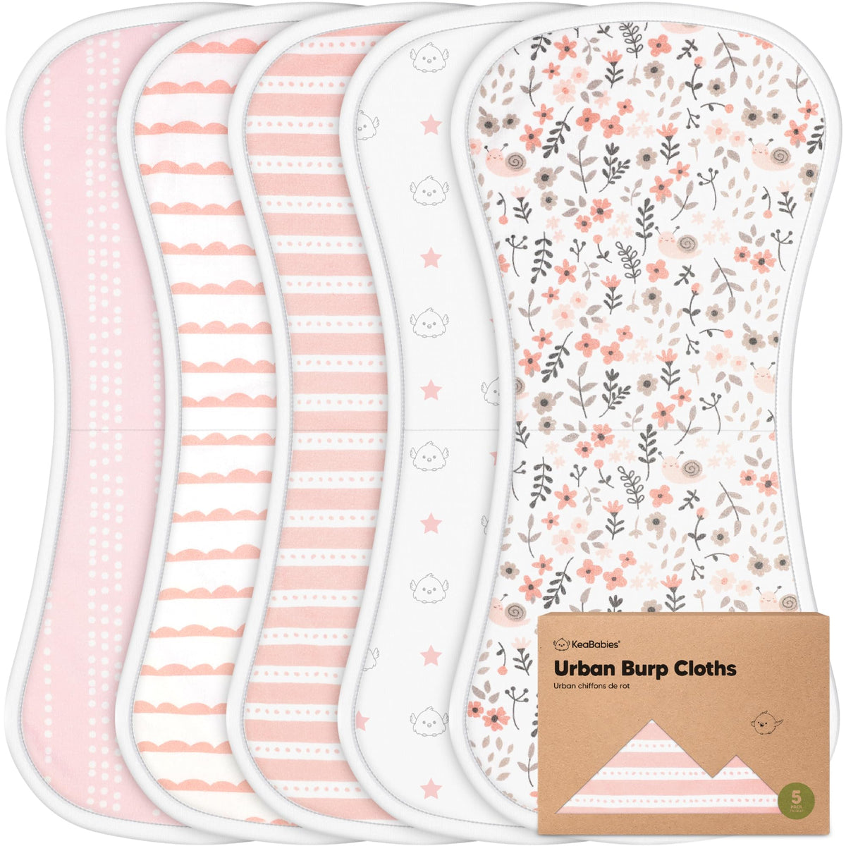 KeaBabies front pack showing five Sweet Charm burp cloths and benefits