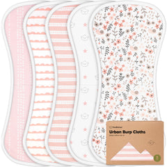 KeaBabies front pack showing five Sweet Charm burp cloths and benefits