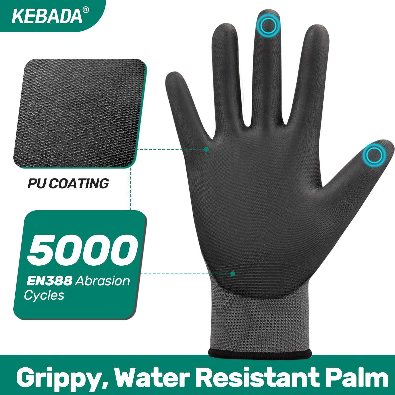 Kebada W1 palm close-up displaying PU coating and improved grip for secure handling
