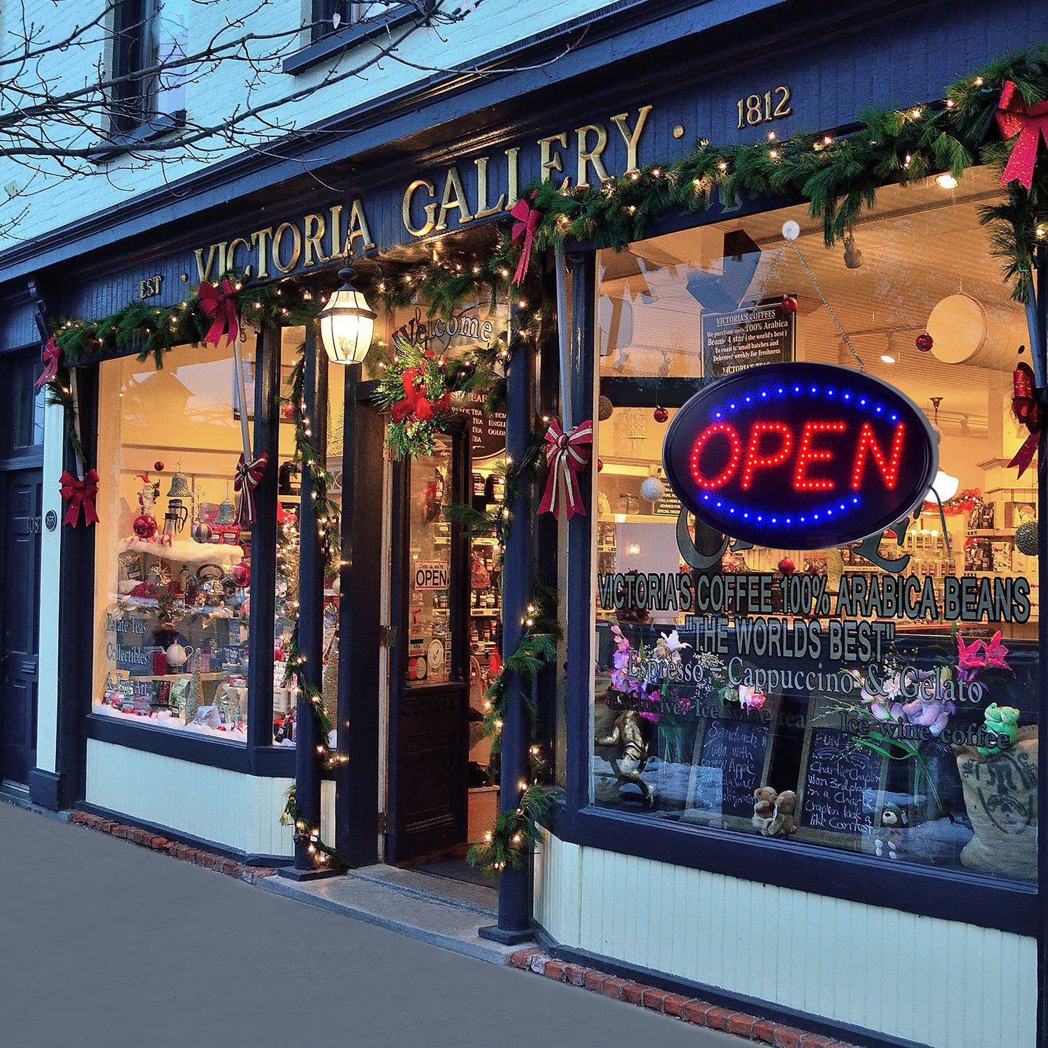 KEBE sign hung in a window providing instant storefront attraction