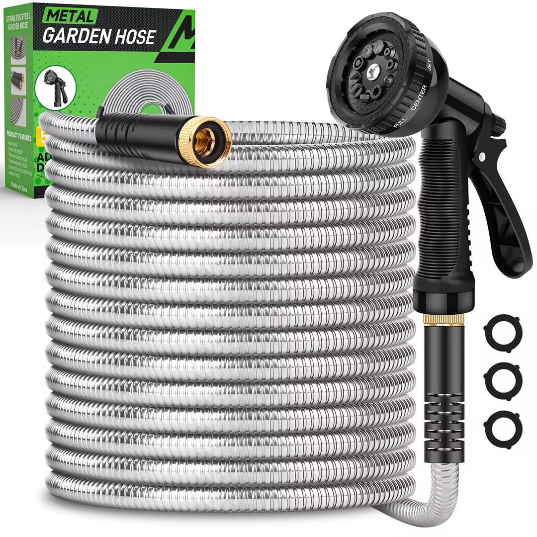 Kebose front view of 50ft hose showing durable stainless-steel shell and length benefit