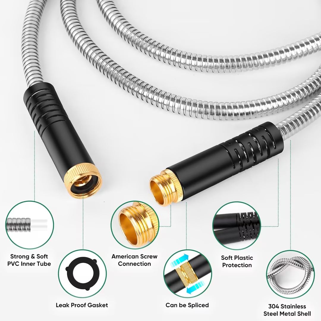 Kebose coiled 50ft hose beside a yard tool for scale and easy storage benefit