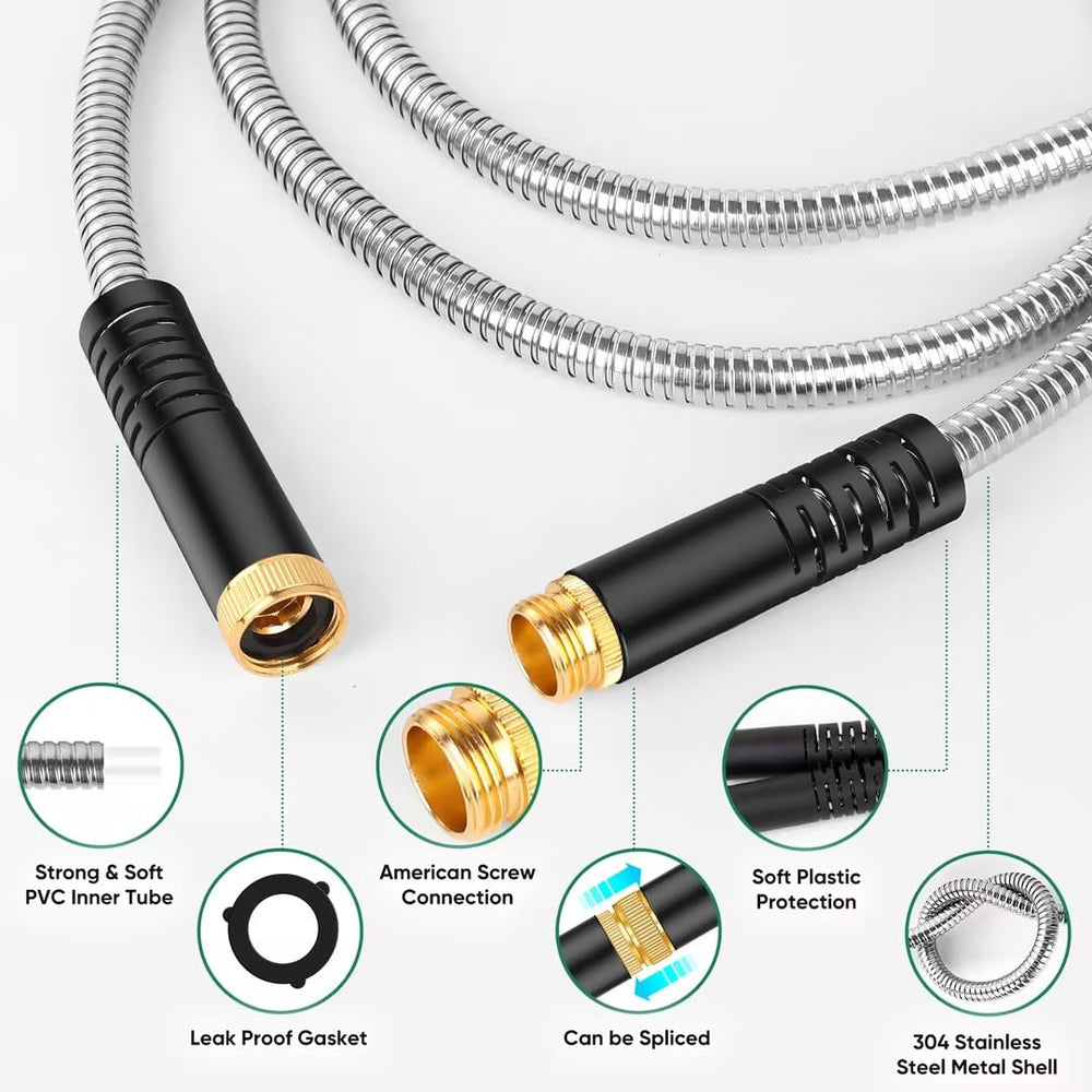 Kebose coiled 50ft hose beside a yard tool for scale and easy storage benefit
