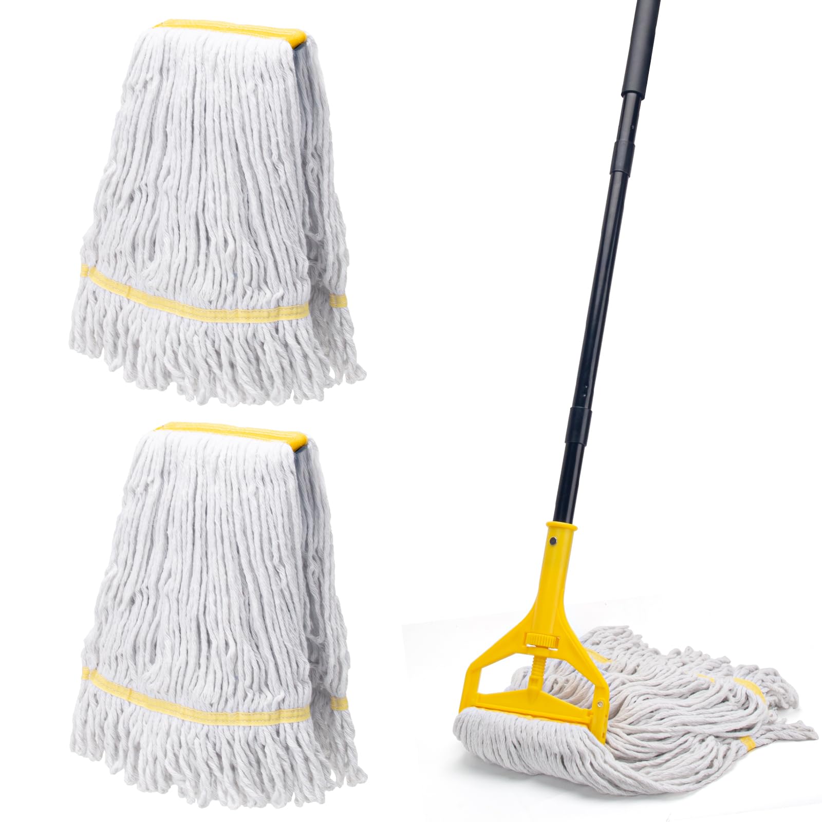 KeFanta front view of commercial mop kit showing three replacement heads and handle, durable cleaning