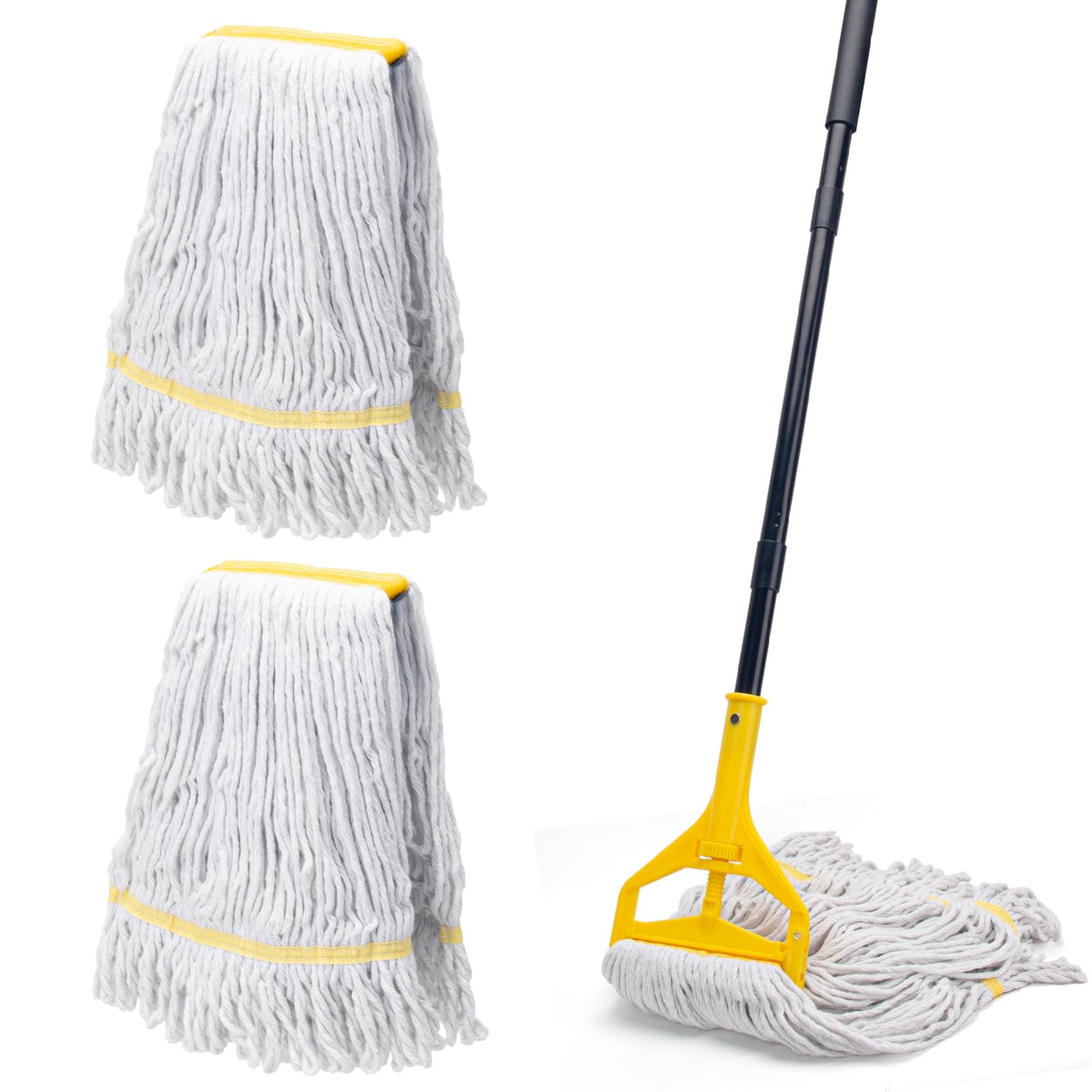 KeFanta front view of commercial mop kit showing three replacement heads and handle, durable cleaning