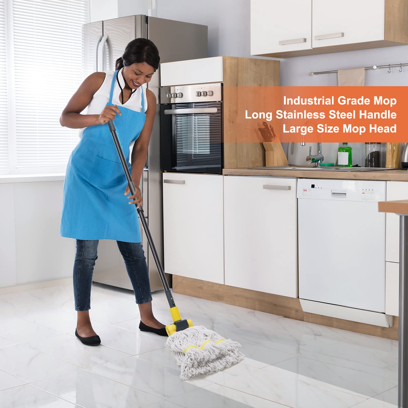 KeFanta mop next to broom for scale showing 60 inch reach and improved ergonomic cleaning efficiency