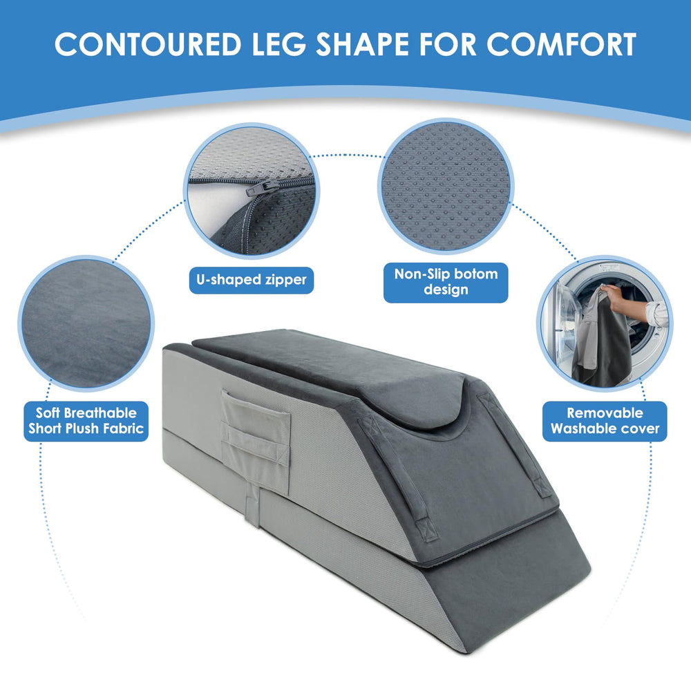 Kehangte leg elevation pillow in use on bed supporting a raised leg