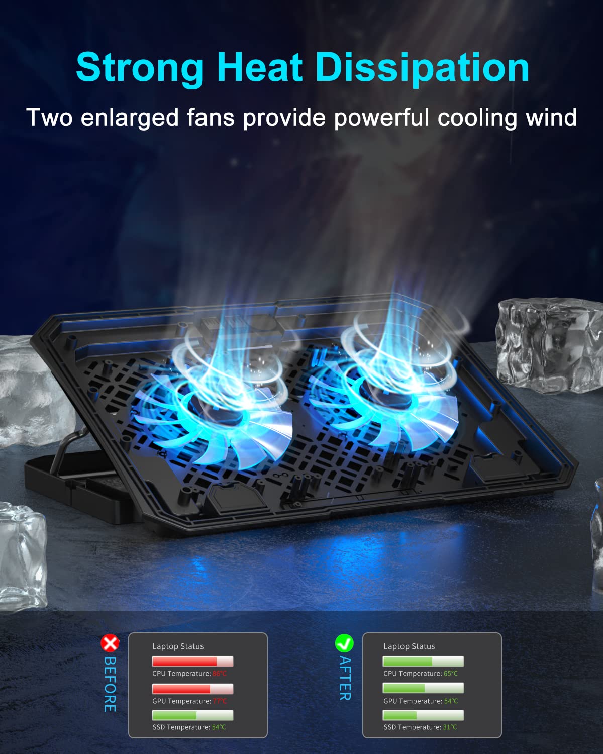 KeiBn dual fans close-up illustrating focused airflow and cooling benefit