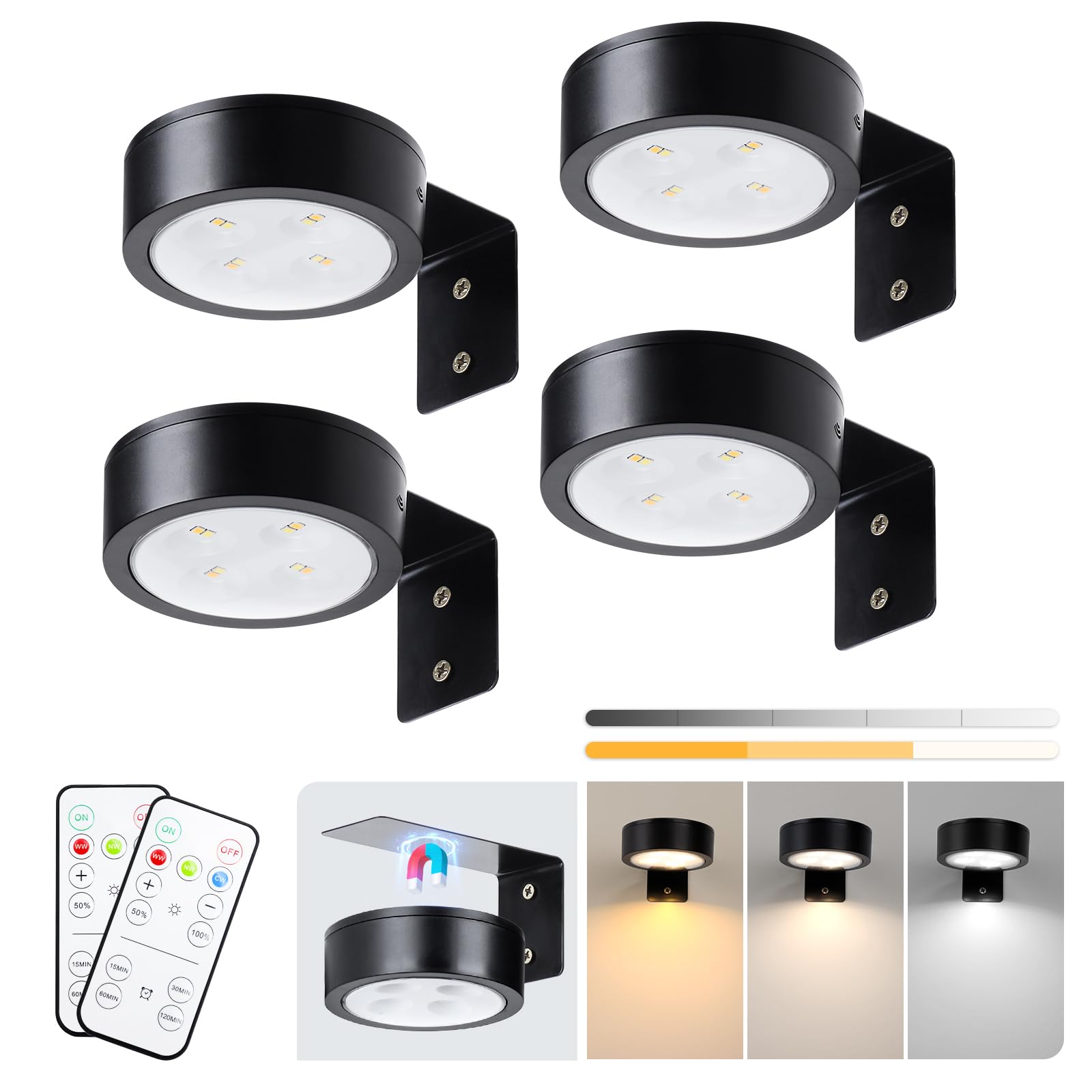 KELUOLY front view of four puck lights showing compact design and uniform glow