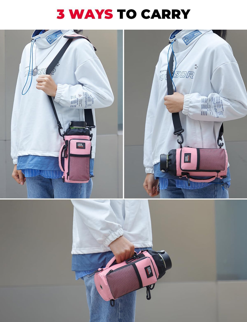 KEMIMOTO carrier worn on trail showing stability and outdoor use