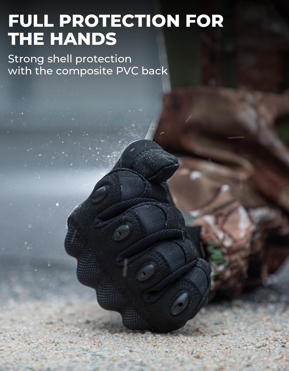 KEMIMOTO hard shell knuckle close-up demonstrating impact protection