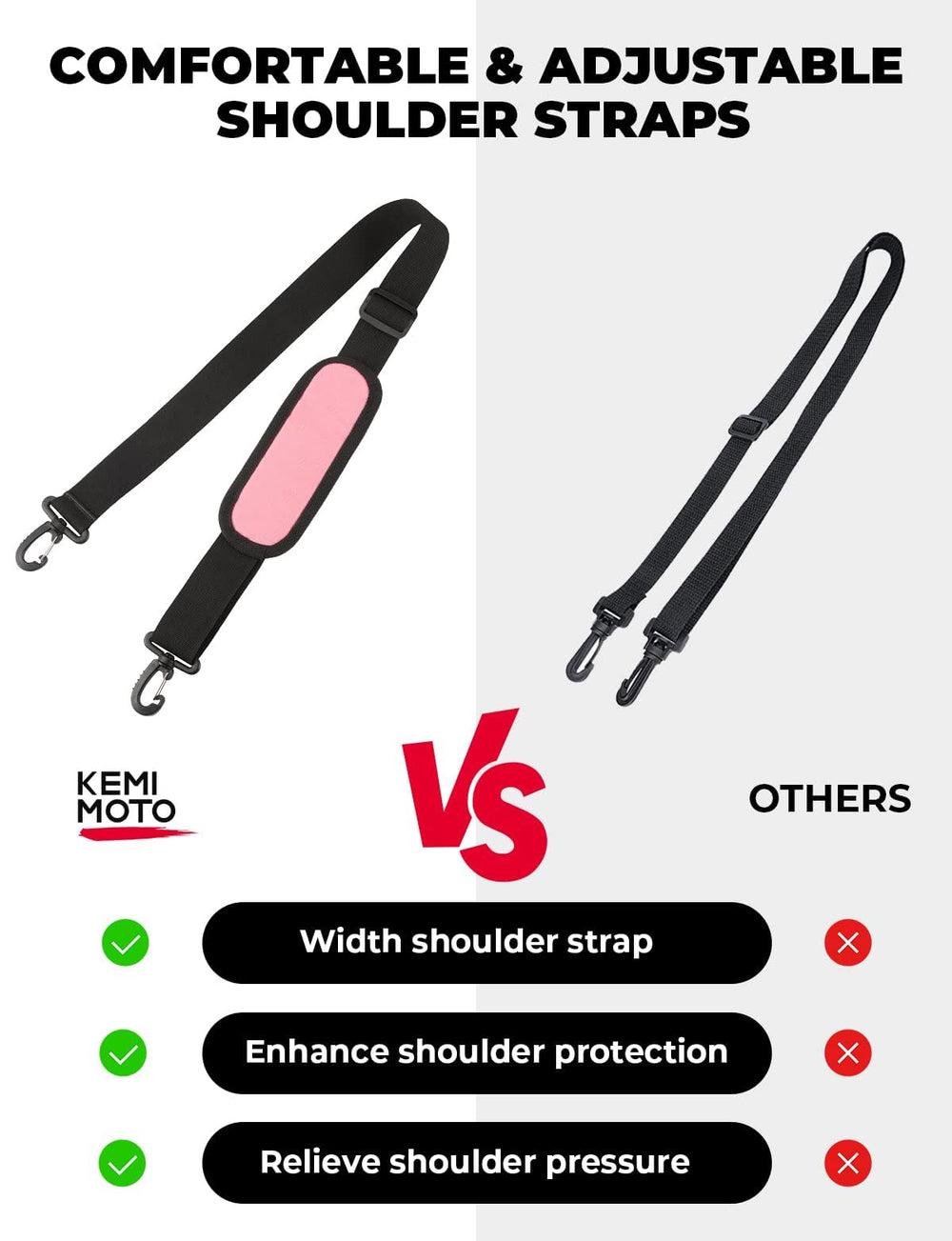 KEMIMOTO padded wide shoulder strap showing comfort on long walks