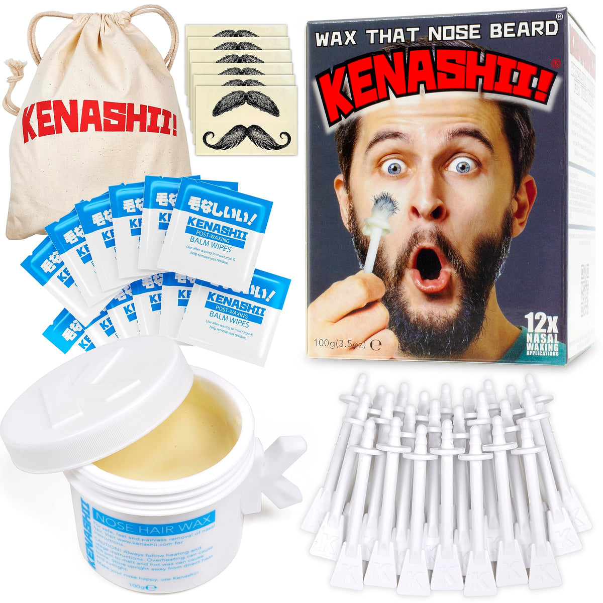 KENASHII front packaging showing full nasal waxing kit and included accessories benefits convenience