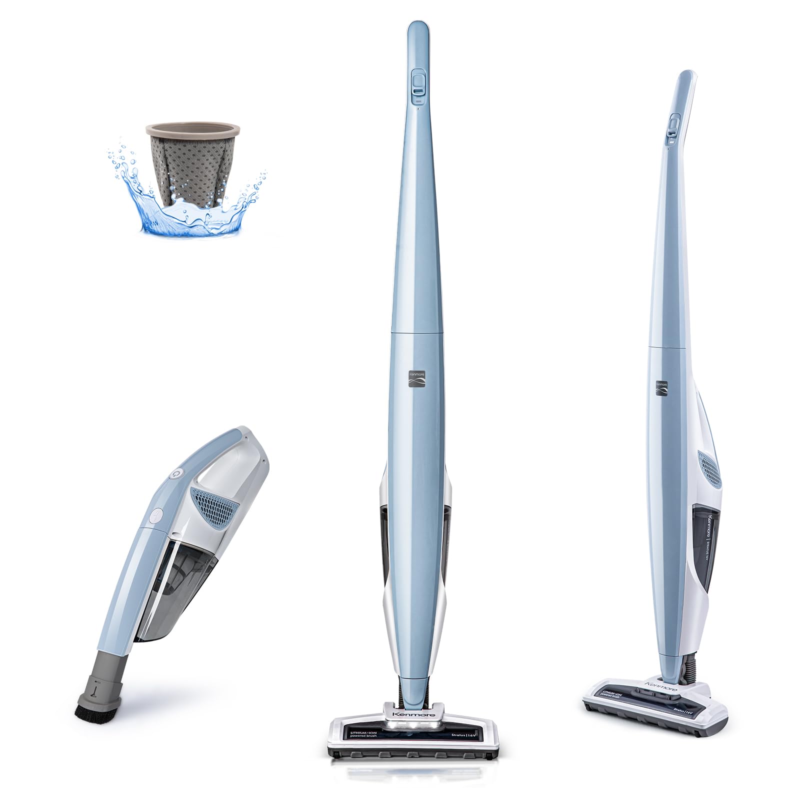 Kenmore DS1020 front view showing compact stick vacuum and benefit convenient storage