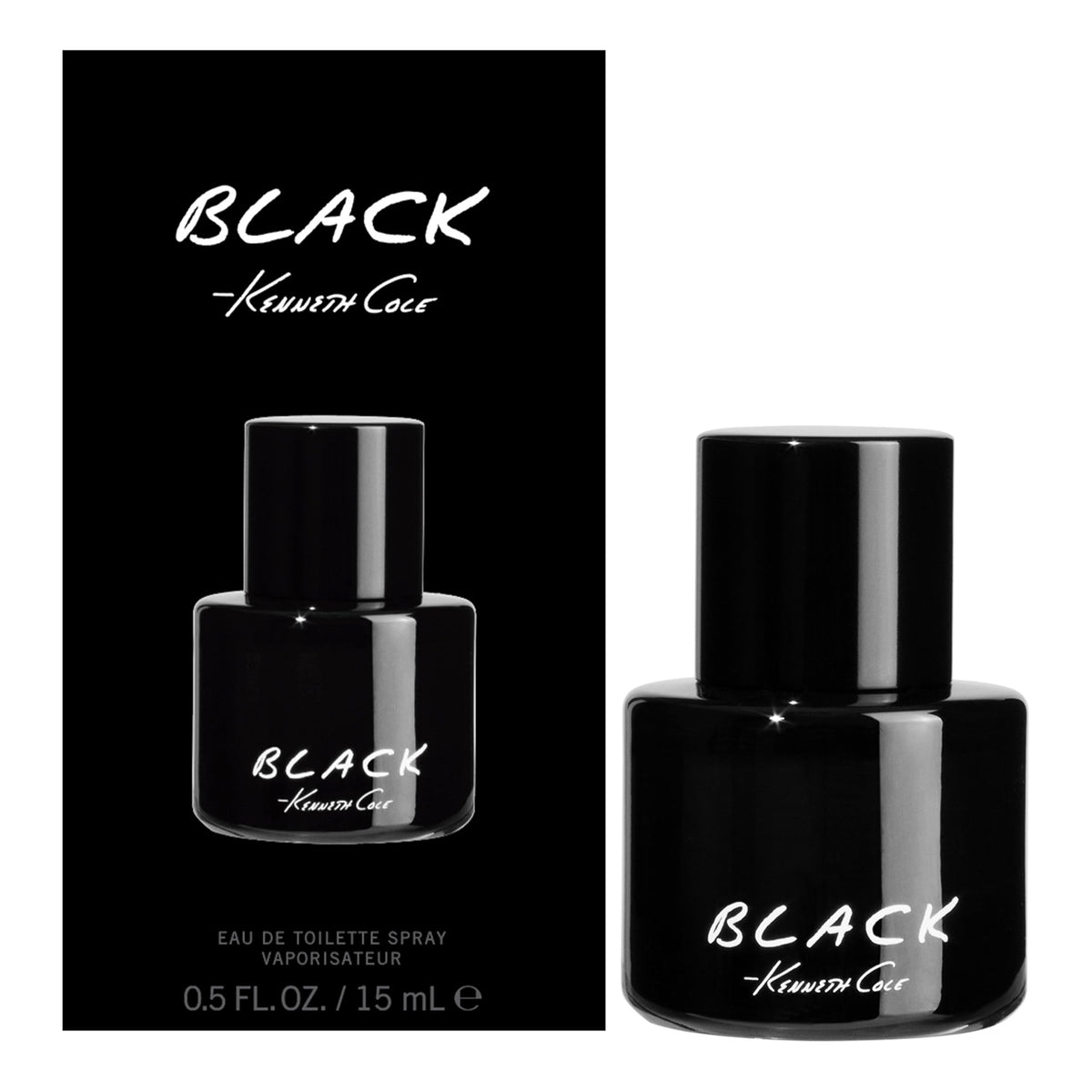 Kenneth Cole Black front view of bottle showing elegant black design and premium presence
