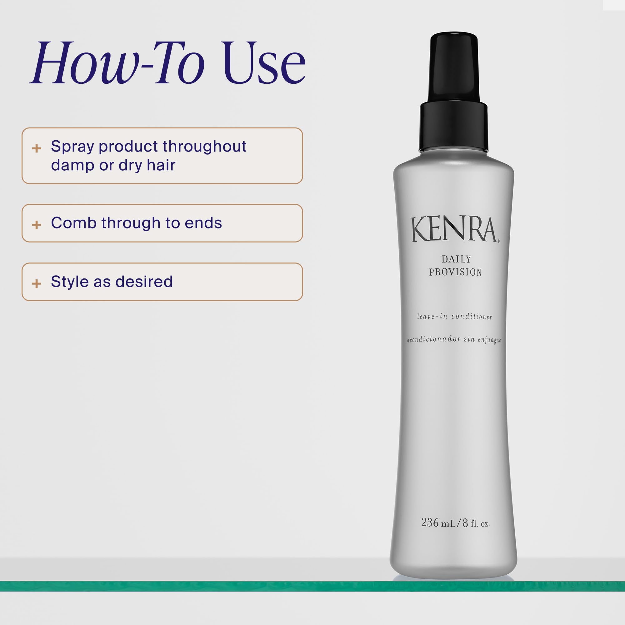 Kenra texture sheen on hair showing smooth, shiny finish and frizz control