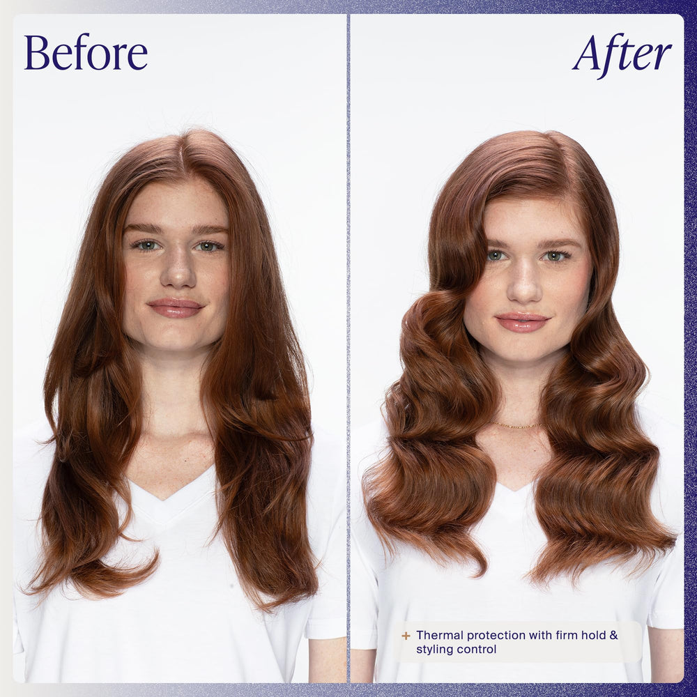 Kenra before and after hair showing reduced frizz and added shine