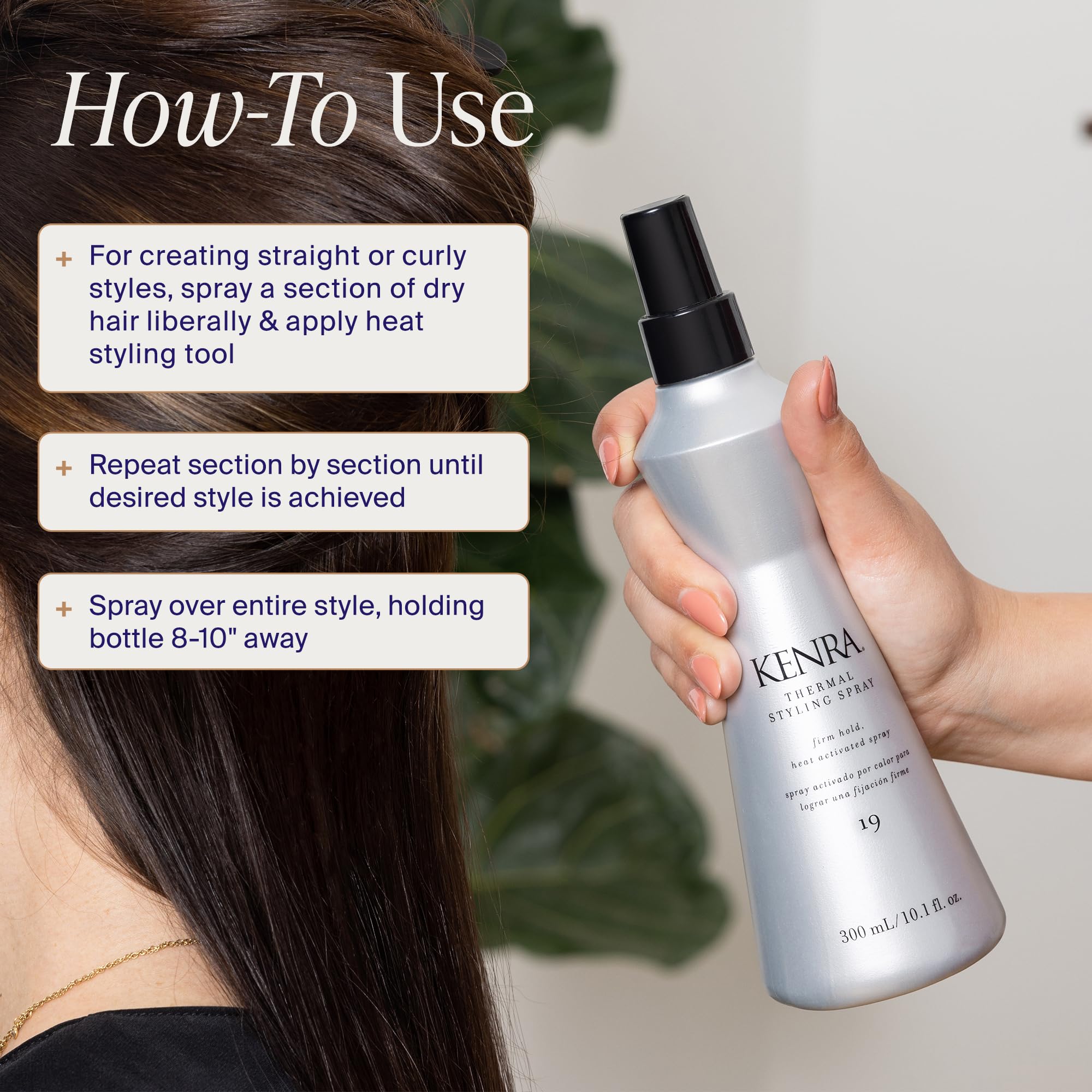 Kenra bottle held in hand showing 10 fl oz scale and portability