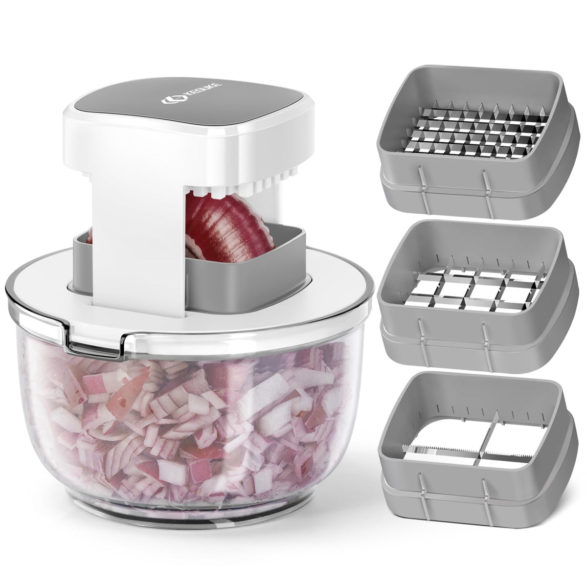 KEOUKE front view of chopper bowl showing clear container and lid for quick prep