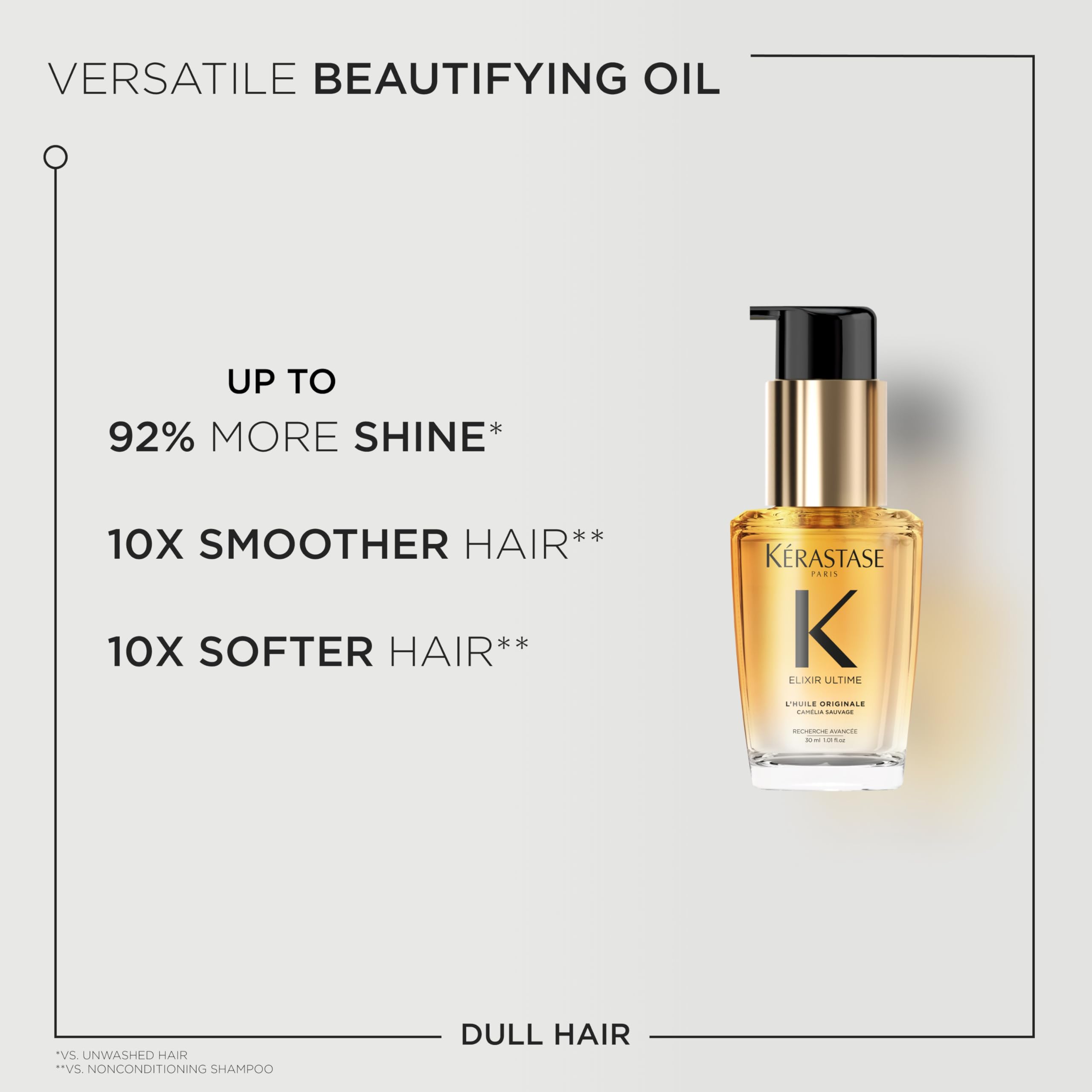 KÉRASTASE before and after shine comparison revealing glossy reflective finish