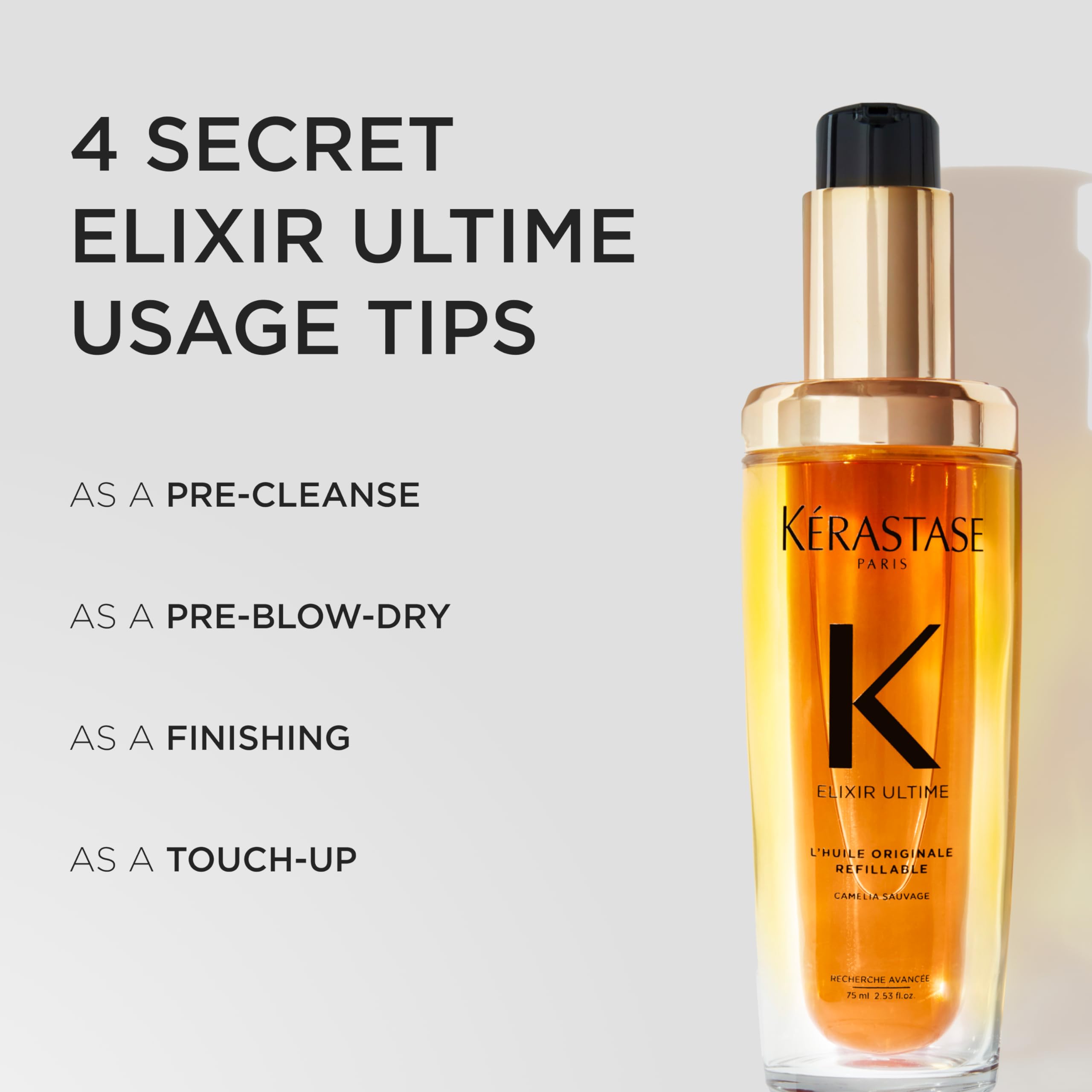 KÉRASTASE used during heat styling showing heat protection up to 450°F benefit