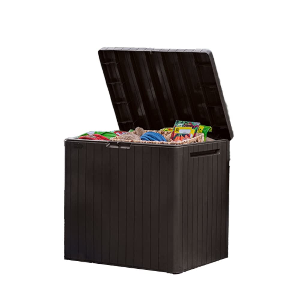 Keter front view showing compact brown storage box and neat patio benefit