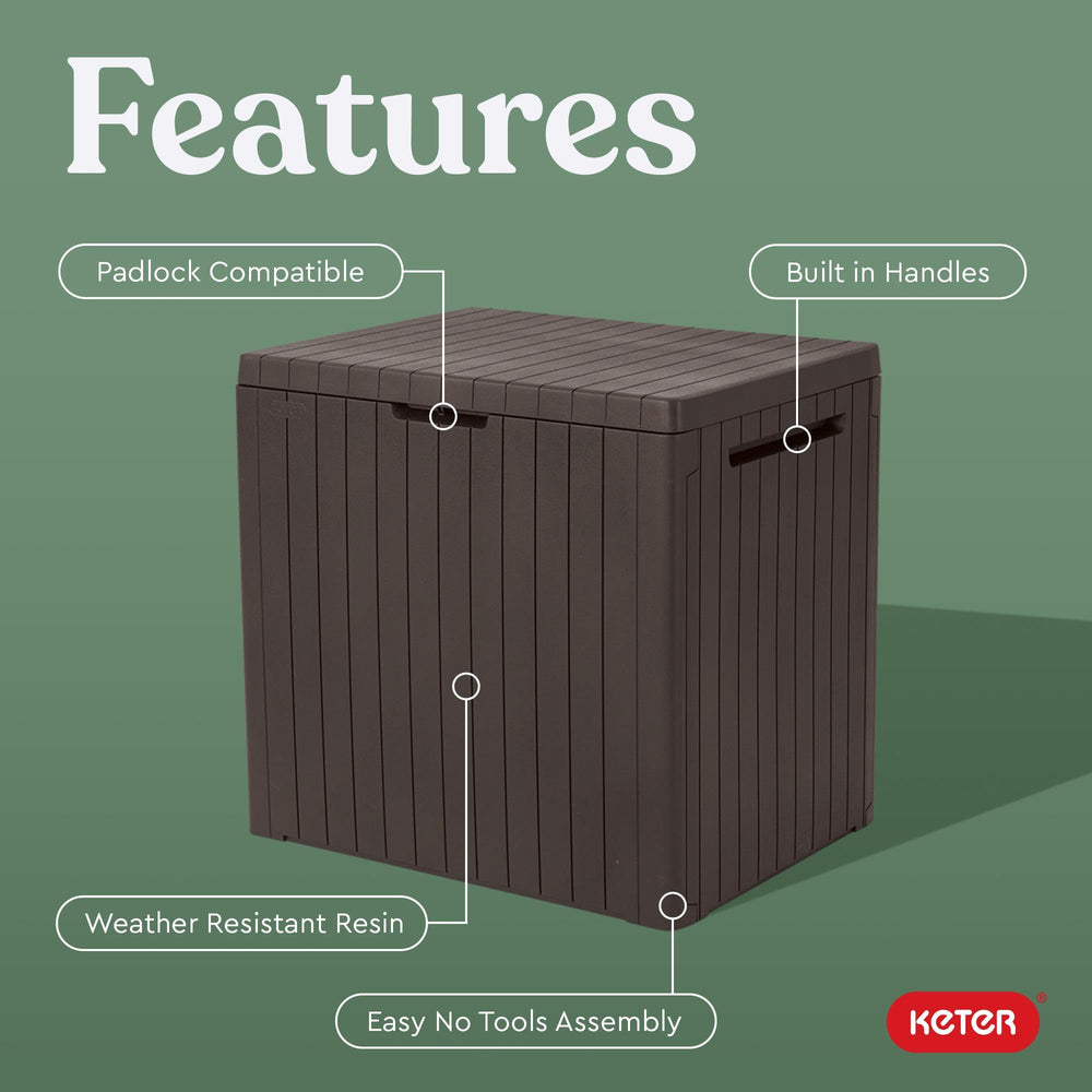 Keter open lid revealing 30-gallon interior for tidy pool and garden storage