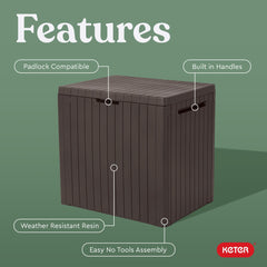 Keter open lid revealing 30-gallon interior for tidy pool and garden storage