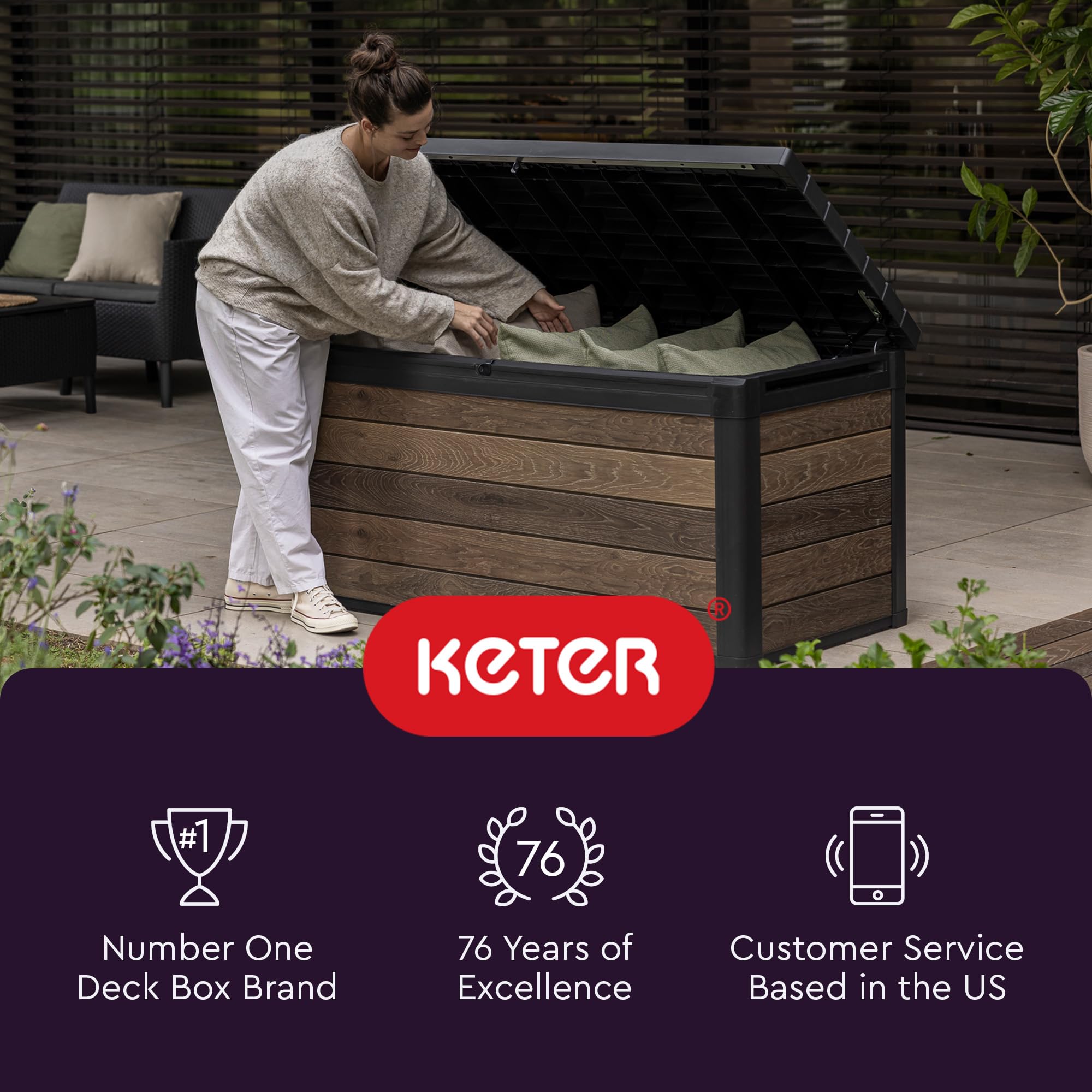 Keter hosting person sitting briefly on lid showing occasional seating use