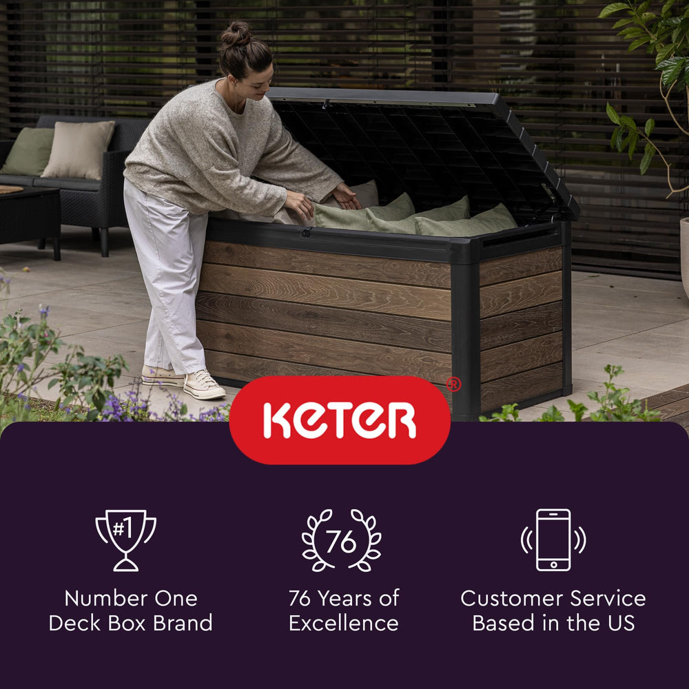 Keter hosting person sitting briefly on lid showing occasional seating use