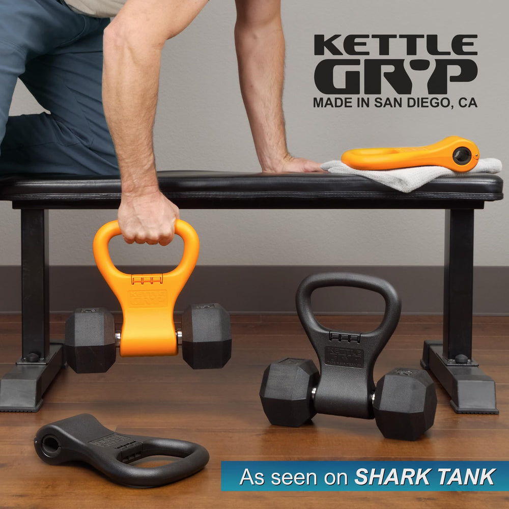 Kettle Gryp side profile clipped onto dumbbell demonstrating secure conversion by Kettle Gryp