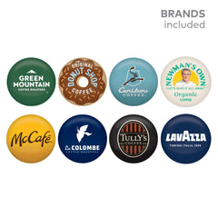 Keurig labels closeup showing brand names and roast levels for informed choices