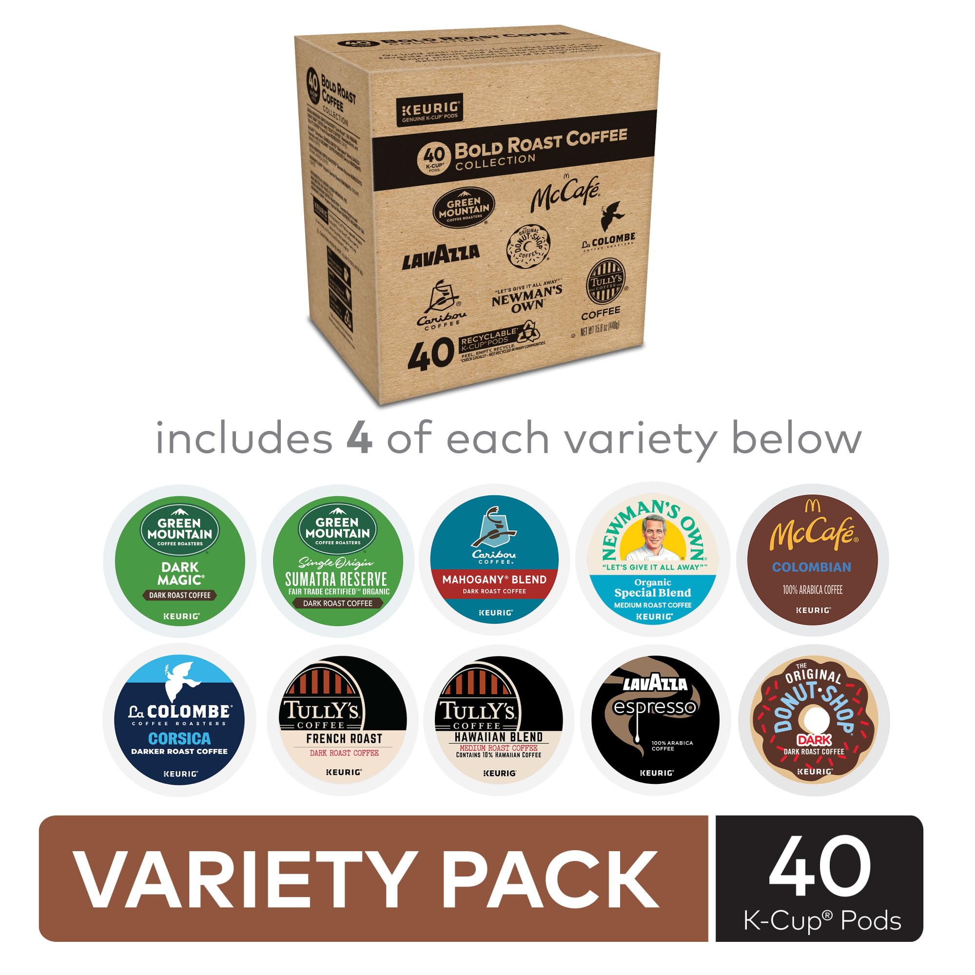 Keurig bold variety layout with ten different K-Cup flavors for easy selection