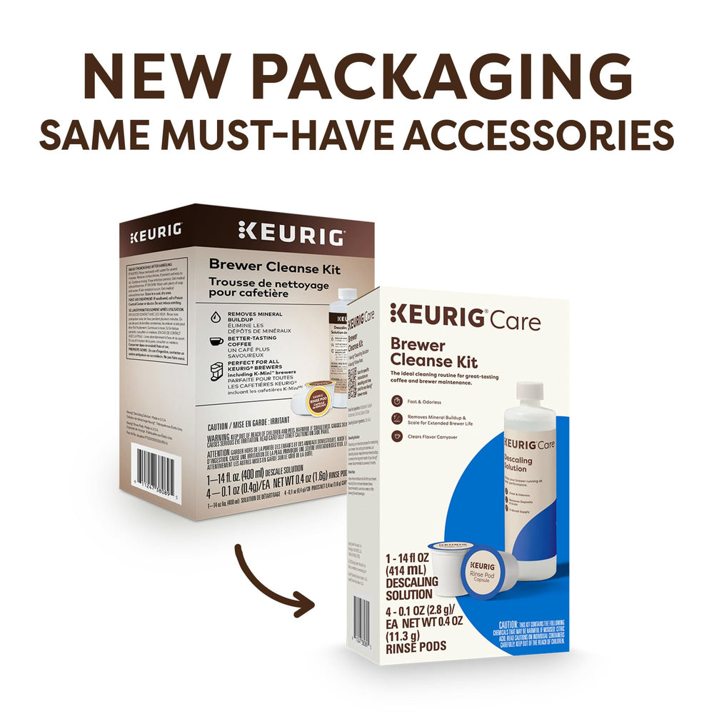 Keurig descaling solution bottle label visible for safe descaling