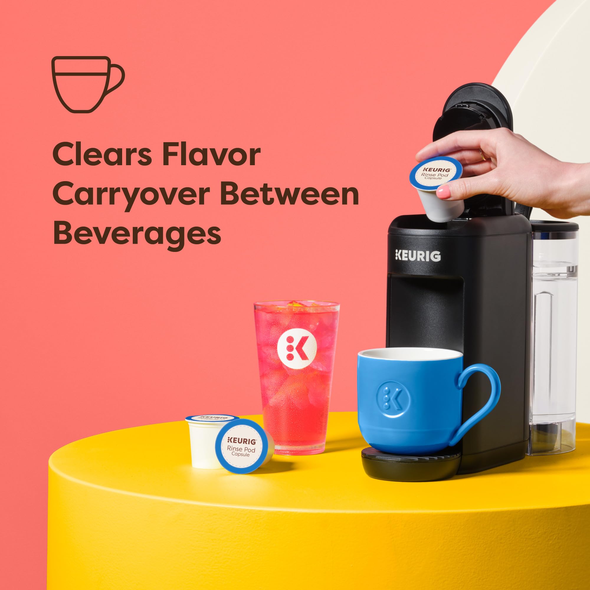 Keurig bottle next to a K-Cup showing compact maintenance size