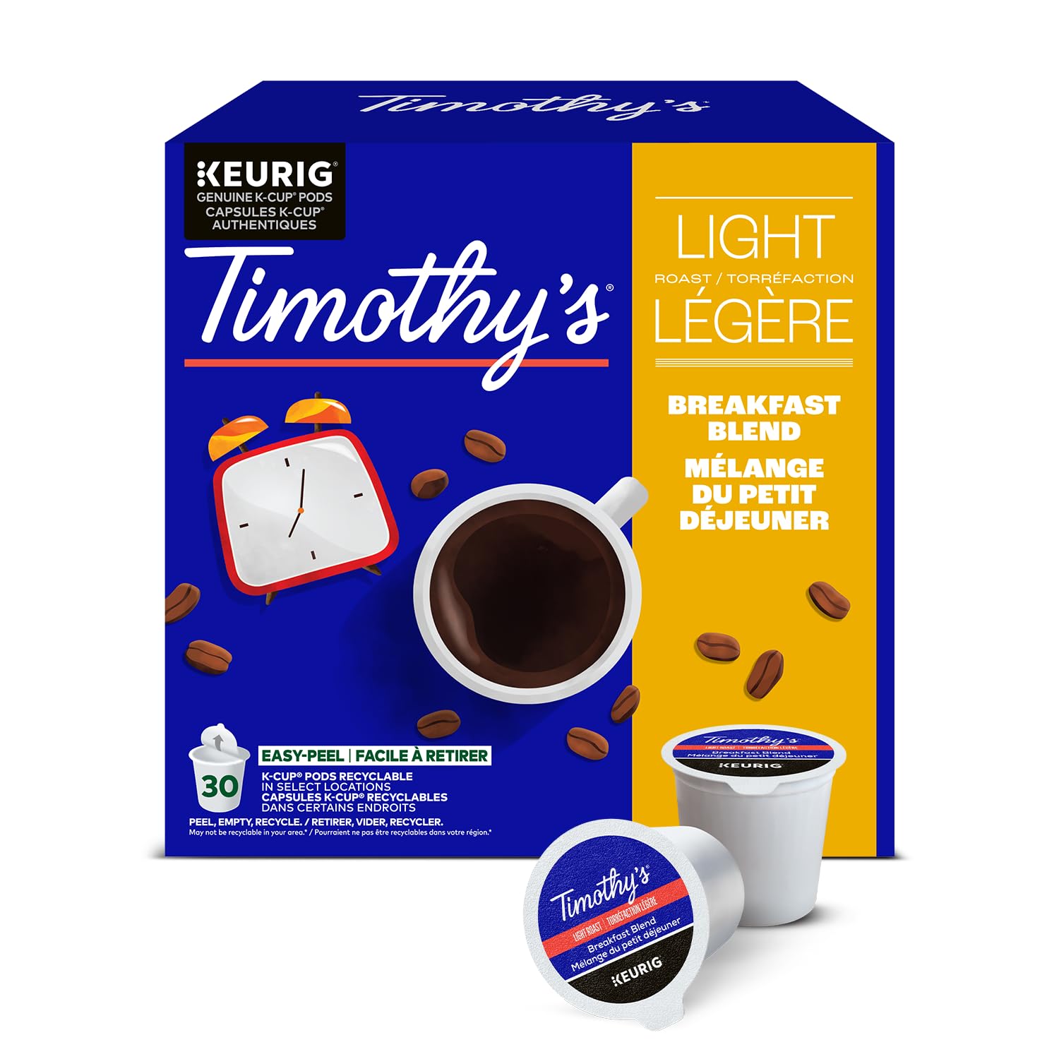 Keurig Timothy's front packaging showing 30 K-Cups and clear branding benefit convenience