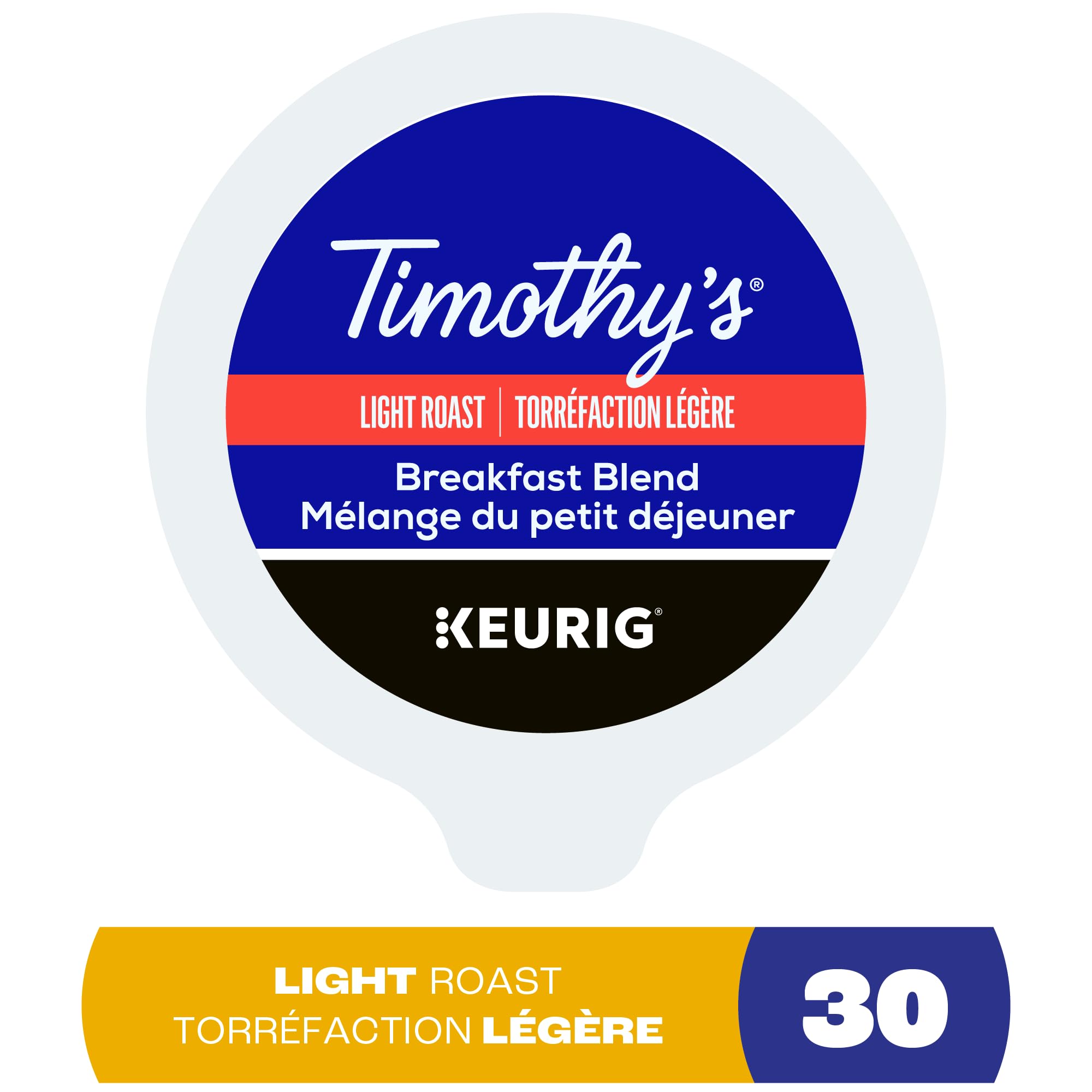 Keurig Timothy's box next to a ruler showing 30-count scale and portion convenience benefit